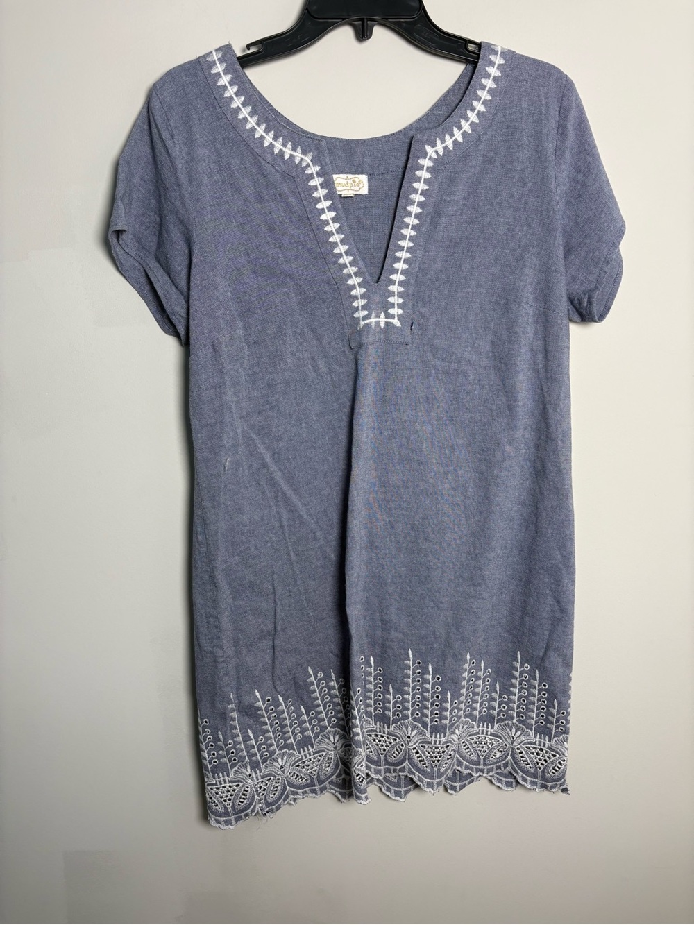 Mud Pie Chambray Blue Embroidered V-Notch Mini Dress